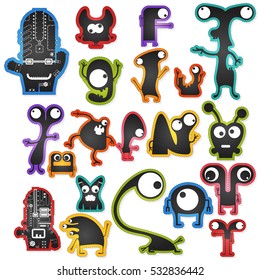 Set of twenty cute black monsters on color background isolated on white with border for cutting. Funny character stickers, cartoon illustration. printable, vector.