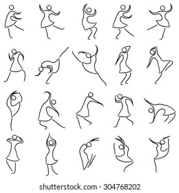 Set of twenty dancing abstract women, sketching black and white cartoon vector illustration