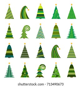 Set of twenty different Christmas trees. Isolated vector illustration for Merry Christmas and Happy New Year.