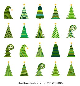 Set of twenty different Christmas trees. Isolated vector illustration for Merry Christmas and Happy New Year.
