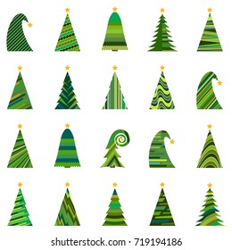 Set of twenty different Christmas trees. Isolated vector illustration for Merry Christmas and Happy New Year.