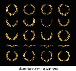 Set of twenty different golden heraldic silhouette laurel foliate oak and olive wreaths depicting an achievement award,  emblem, logo. Vector illustration.