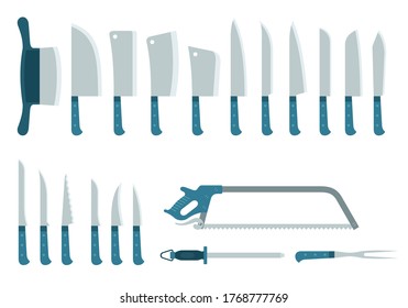 Set of twenty different knives, hatchets and saw, for cutting, grinding products vector illustration