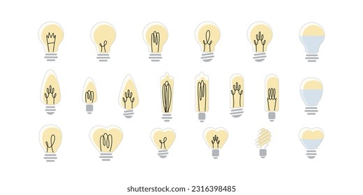 A set of twenty different light bulbs on a white background. Vector light bulbs in a minimalist style. Symbol of ideas, problem solving, idea, coping with the problem. Concept of lamp, light.