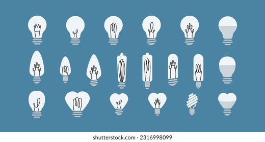 A set of twenty different light bulbs. Vector light bulbs in a minimalist style. Symbol of ideas, problem solving, idea, coping with the problem. Concept of lamp, light.