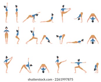 A set of twenty different yoga poses, a woman in blue-orange clothes. Can be used for posters, banners, postcards.
