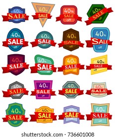 Set of twenty discount stickers. Colorful badges with red ribbon for sale 40 percent off. Vector illustration.
