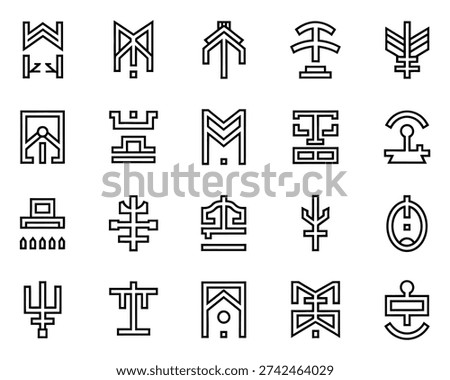 A set of twenty distinct black silhouette icons on a white background, featuring various geometric shapes and designs
