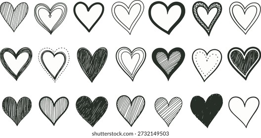 A set of twenty distinct heart shapes with various patterns and line styles