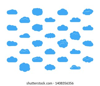Set of twenty eight blue clouds. Vector illustration.