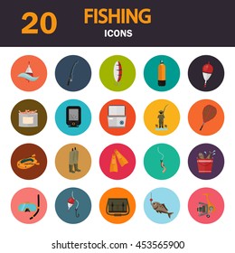 Set of twenty fishing color flat icons