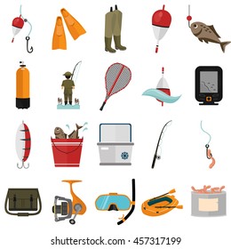 Set of twenty fishing color flat icons