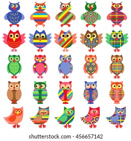 Set of twenty five amusing colorful vector ornamental motley owls isolated on the white background
