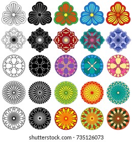 Set of twenty five black and color stylized flowers, vector illustrations isolated on the white background