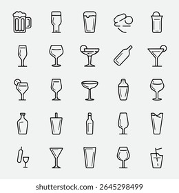 Set of twenty five black line drink icons with minimal style on grey background.