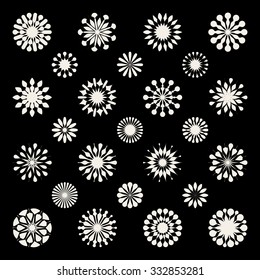 Set of Twenty Five Black & White Mandala Ornament Floral Shapes and Snowflakes Decorative Background Elements