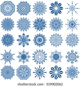 Set of twenty five blue beautiful snowflakes isolated on a white background, hand drawing vector illustration