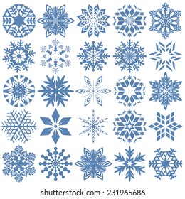 Set of twenty five blue snowflakes over white, hand drawing vector design elements