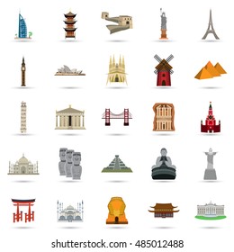 Set of twenty five color tourist attractions color icons. Flat design