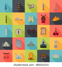 Set of twenty five color tourist attractions color icons. Flat design