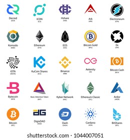 Set of twenty five colorful cryptocurrency icons isolated on white background