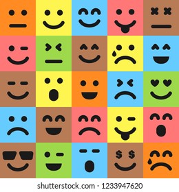 Set of twenty five colorful emoticons. Emoji icon in square. Flat background pattern. Vector illustration