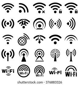 Set of twenty five  different black vector wireless and wifi icons for remote access and communication via radio waves