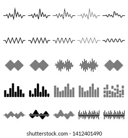 Set of twenty five digital equalizer icon, vector of sound wave pattern element isolated on white background. Audio technology, musical pulse. Template visualization signal Illustration.