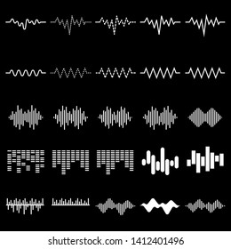 Set of twenty five digital equalizer icon, vector of sound wave pattern element isolated on black background. Audio technology, musical pulse. Template visualization signal Illustration.