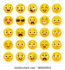 Set of twenty five emoticons. Icon pack. Yellow emoji isolated on white background. Vector illustration.