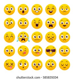 Set of twenty five emoticons. Icon pack. Yellow emoji isolated on white background. Vector illustration.