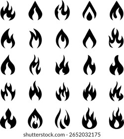 A set of twenty five flame icons in black color, arranged in a rectangular pattern. These are simple, modern and minimalist, perfect for graphic design projects.