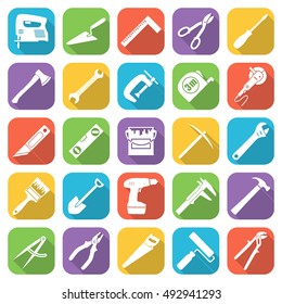 Set of twenty five flat style tools icons on a different color backgrounds with oblique shadows. Vector illustration.