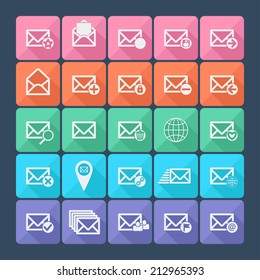 Set of twenty five flat vector mail icons. Vector illustration. Social networking and communication.