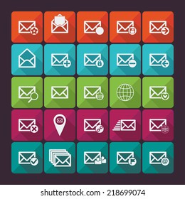 Set of twenty five flat vector mail icons. Vector illustration. Social networking and communication.