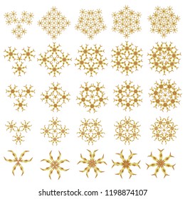 Set of twenty five golden snowflakes and dots on a white background. Starry Sky. Vector falling snow set.