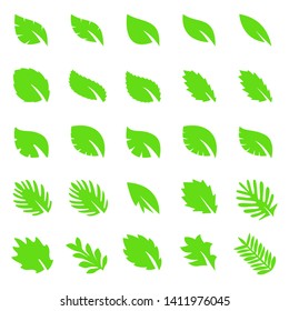 Set of twenty five green leaf vector icon isolated on white background. Various symbol of green leaves of trees and plants. Suitable for eco and bio logos.