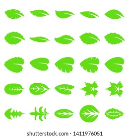 Set of twenty five green leaf vector icon isolated on white background. Various symbol of green leaves of trees and plants. Suitable for eco and bio logos.