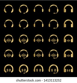 Set of twenty five Headphones icon vector element. Simple gold earphone symbol silhouette isolated on black background