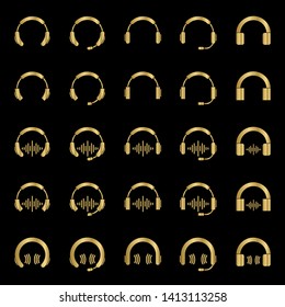Set of twenty five Headphones icon vector element. Simple gold earphone symbol silhouette isolated on black background