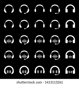Set of twenty five Headphones icon vector element. Simple white earphone symbol silhouette isolated on black background