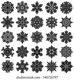 Set of twenty five highly detailed geometrical snowflakes isolated on white. Vector illustration
