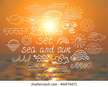 Set of twenty five icons of the sea and the sun on sunset background