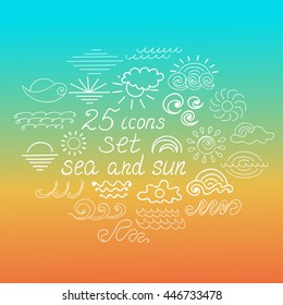 Set of twenty five icons of the sun and the sea in the background