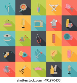 Set of twenty five knitting and sewing color flat icons
