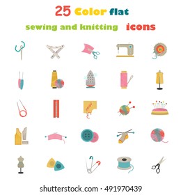 Set of twenty five knitting and sewing color flat icons