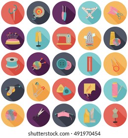 Set of twenty five knitting and sewing color flat icons