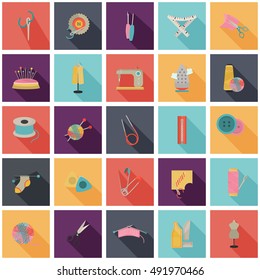 Set of twenty five knitting and sewing color flat icons