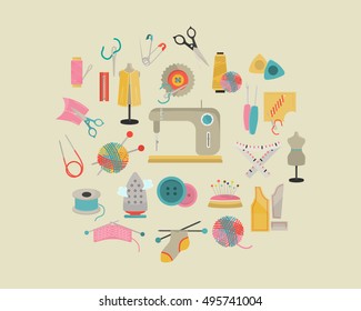 Set of twenty five knitting and sewing color flat icons. Stock Vector icon. Illustration for web and mobile design