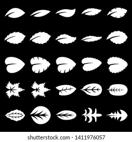 Set of twenty five  leaf vector icon isolated on black background. Various symbol of leaves of trees and plants. Suitable for eco and bio logos.